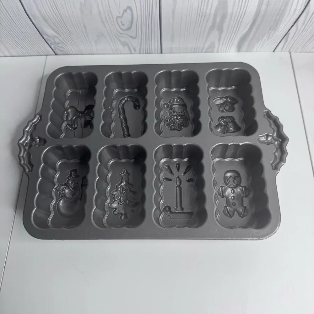 Nordic Ware Holiday Mini Loaf Baking Pan Santa Snowman Candle Christmas 8 Cup
